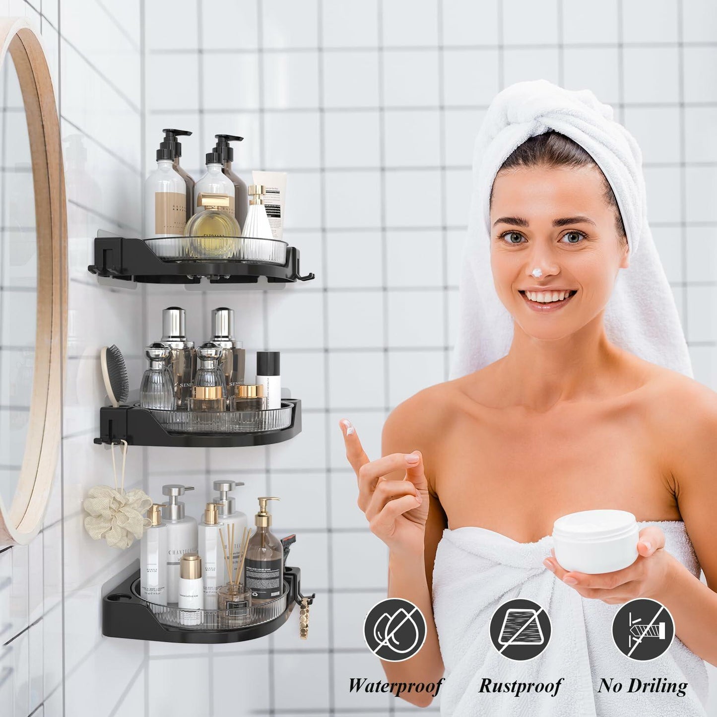 JNFUZ Corner Shower Caddy 360° Rotating Adhesive Organizer No Drilling