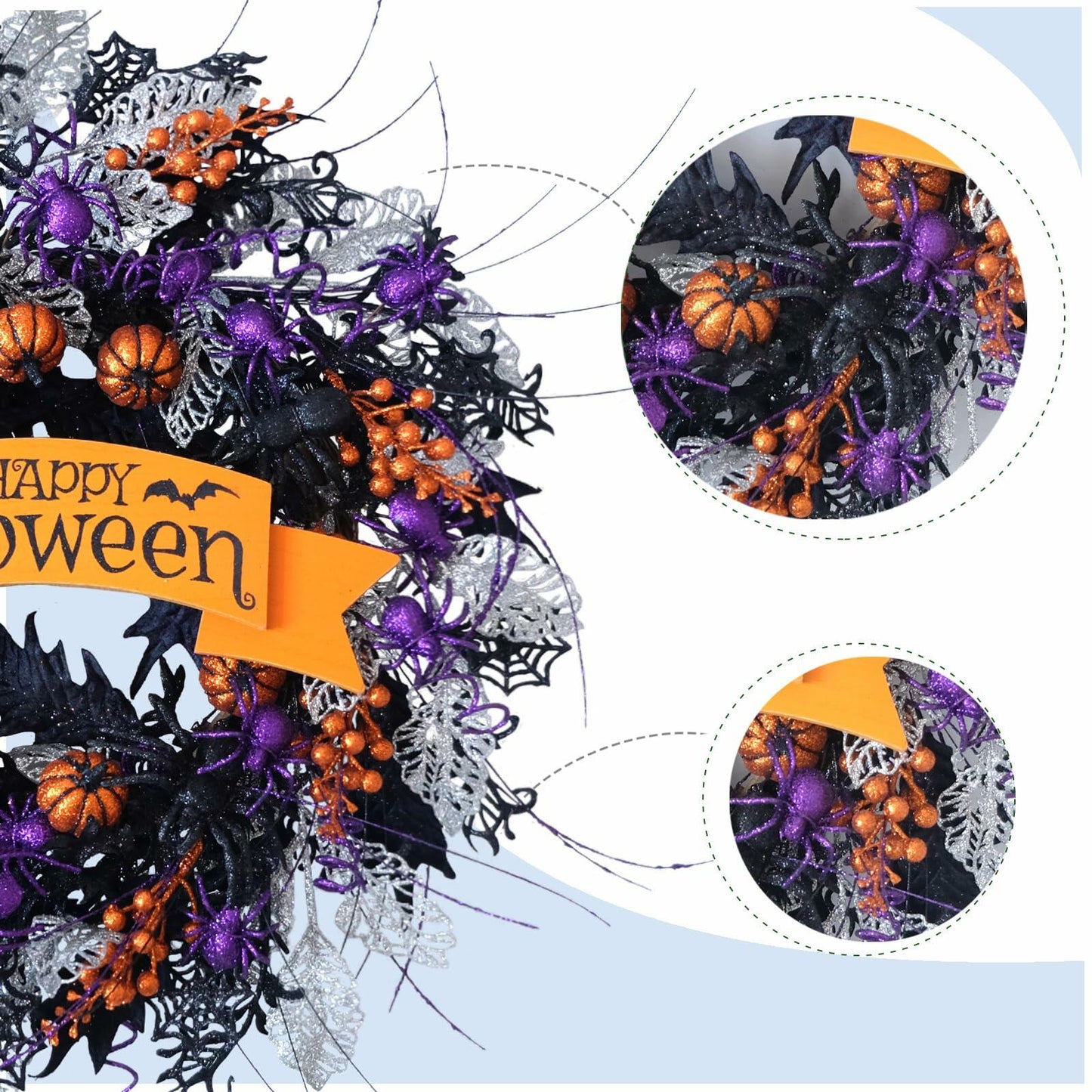 22in Glitter Pumpkin Spider Wreath Black Orange Berries Halloween Decor