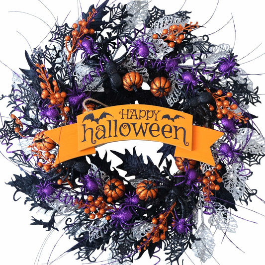22in Glitter Pumpkin Spider Wreath Black Orange Berries Halloween Decor