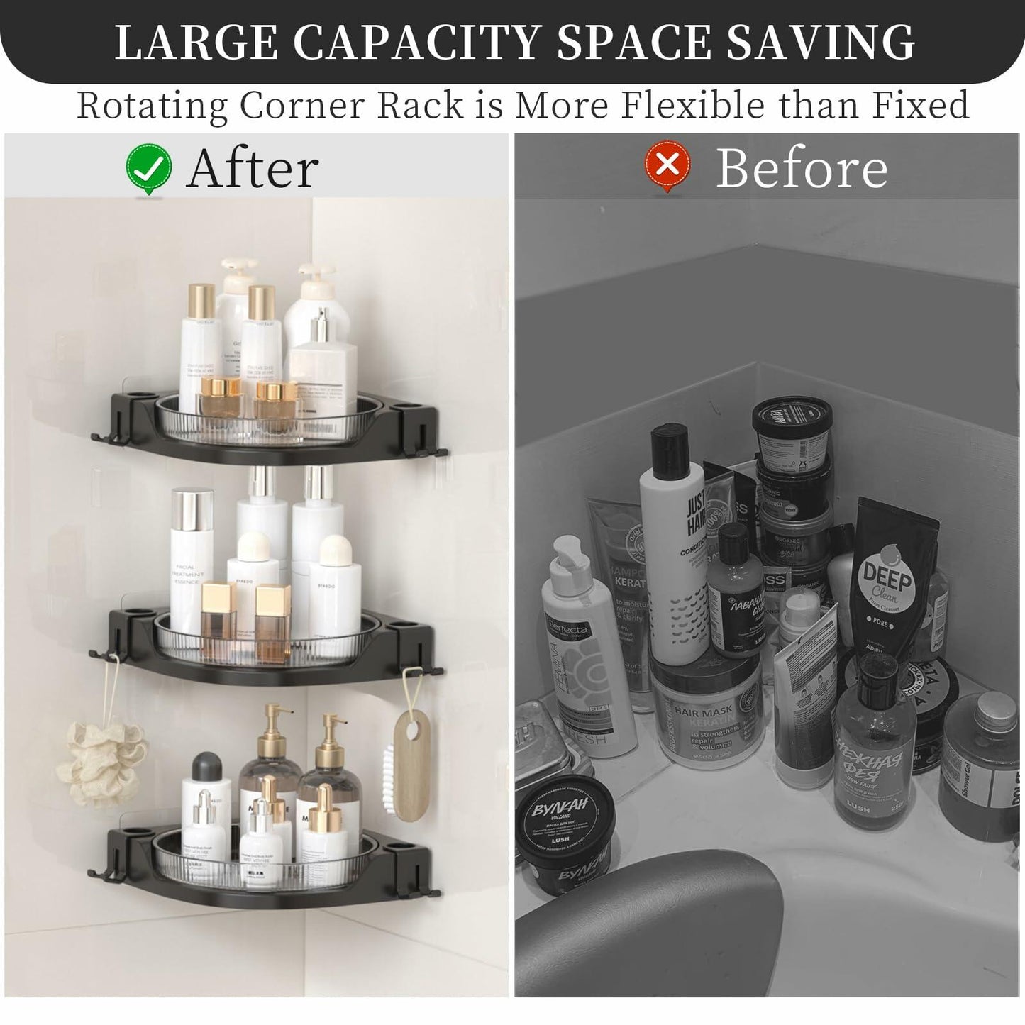 JNFUZ Corner Shower Caddy 360° Rotating Adhesive Organizer No Drilling