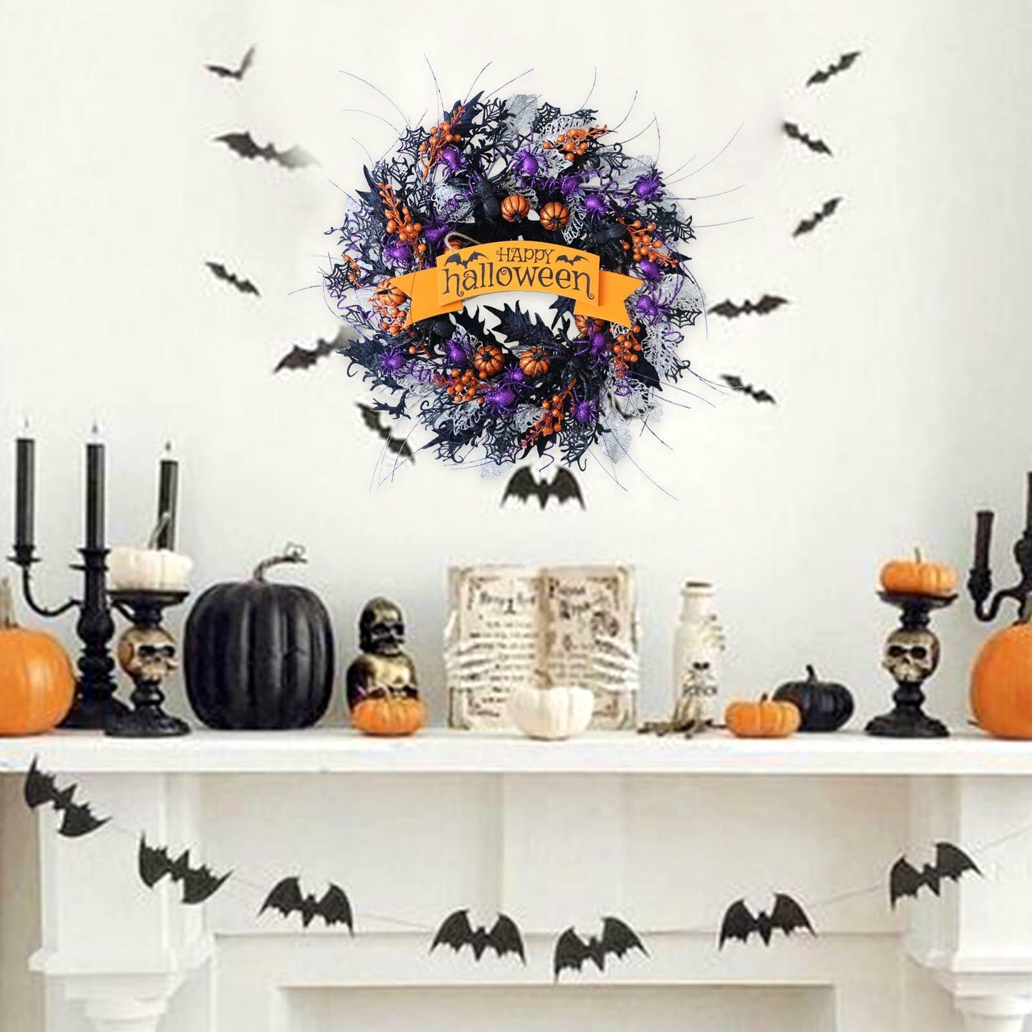22in Glitter Pumpkin Spider Wreath Black Orange Berries Halloween Decor