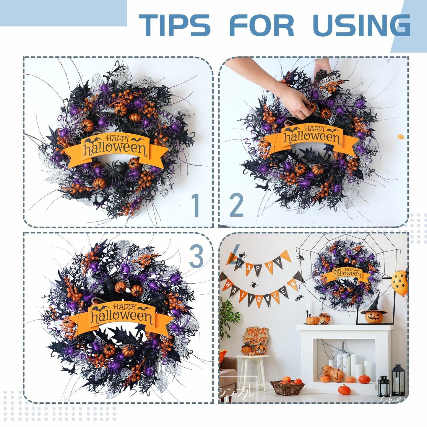 22in Glitter Pumpkin Spider Wreath Black Orange Berries Halloween Decor