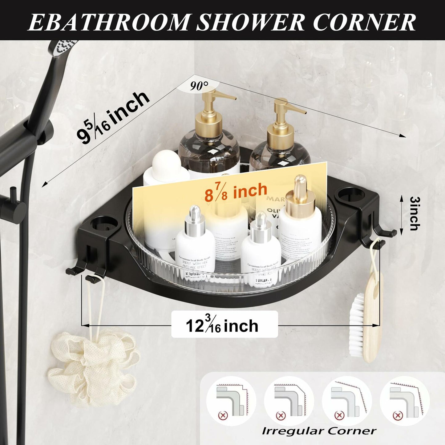 JNFUZ Corner Shower Caddy 360° Rotating Adhesive Organizer No Drilling