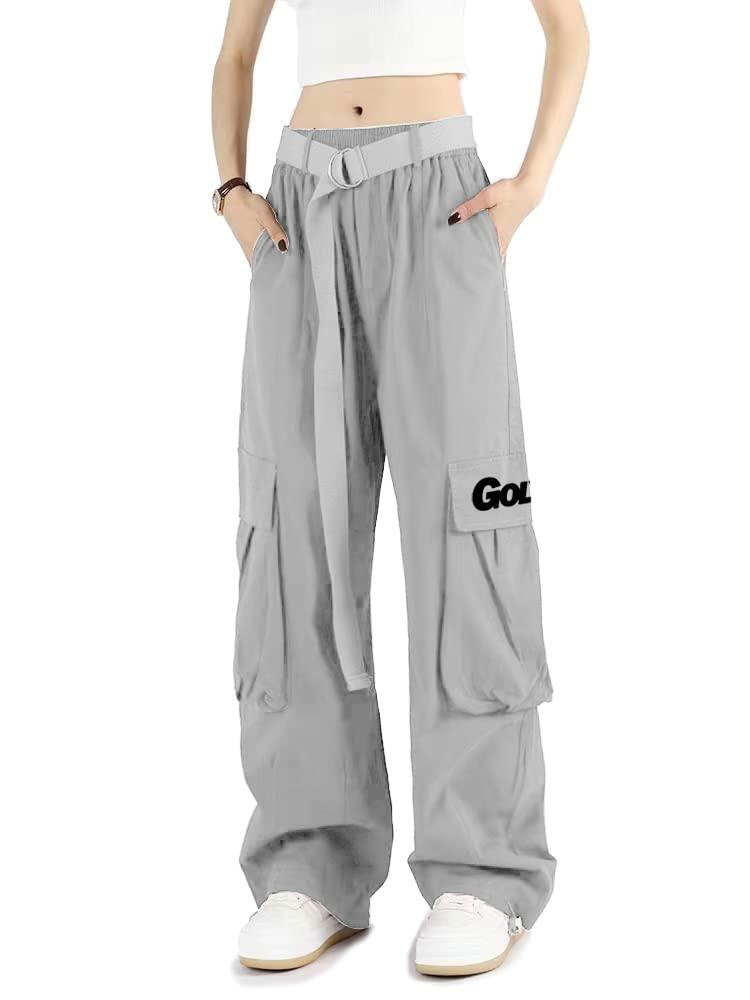 GOLYOY Women's Cargo Pants Grey Adjustable High Waist Baggy Wide Leg Size L
