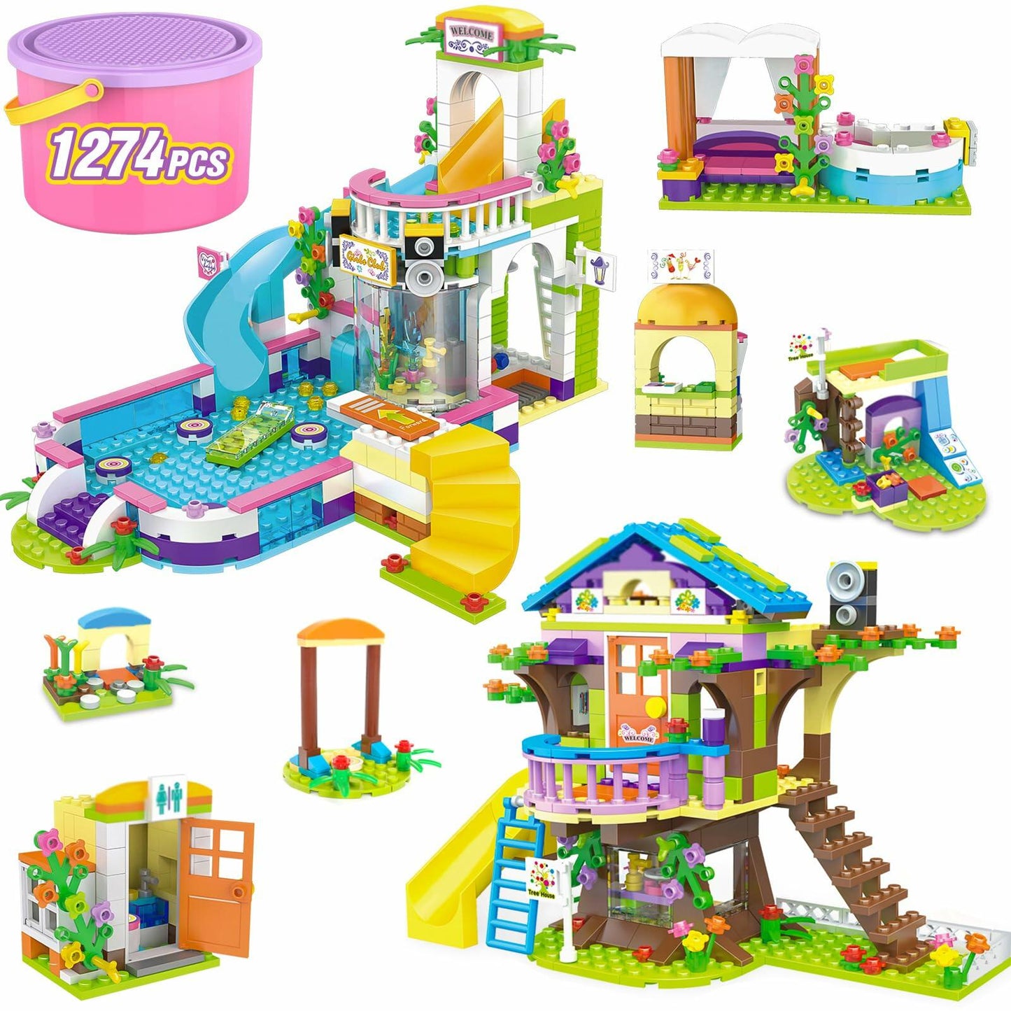 1274pcs Friends Tree House Summer Pool Party Building Kit with Storage Box