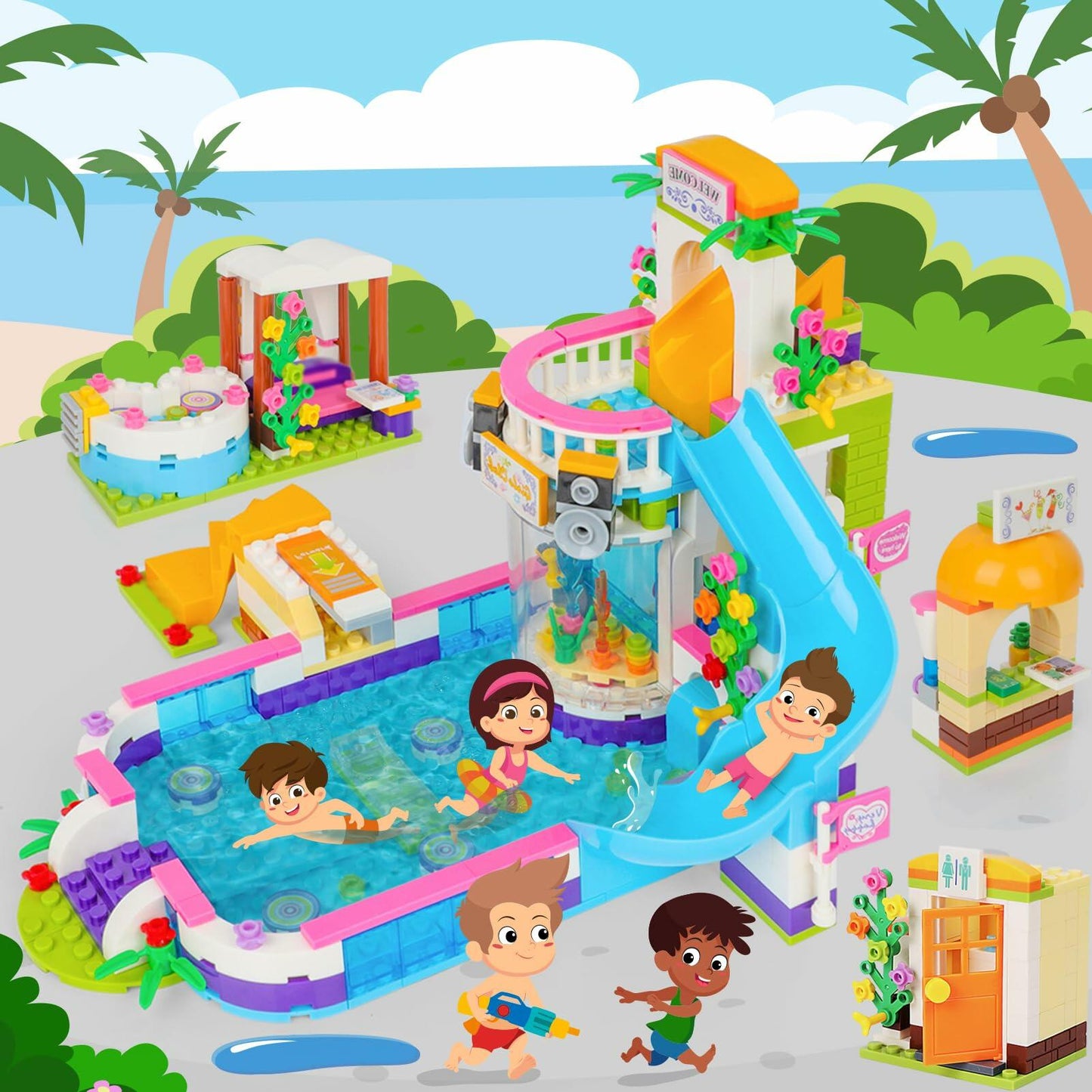 1274pcs Friends Tree House Summer Pool Party Building Kit with Storage Box