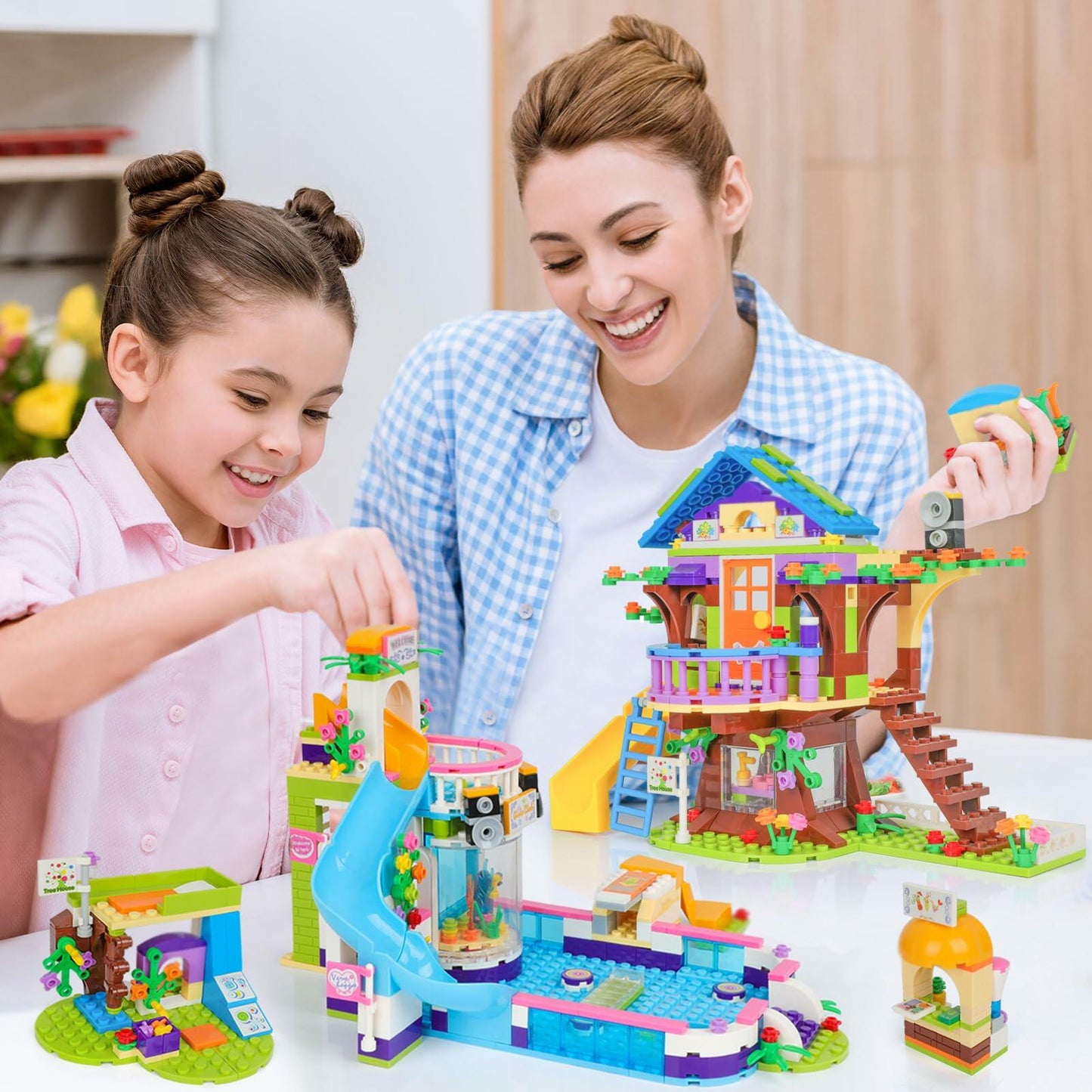 1274pcs Friends Tree House Summer Pool Party Building Kit with Storage Box