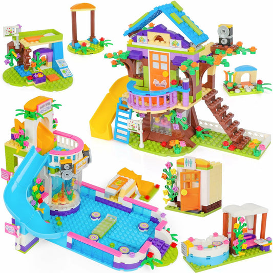 1274pcs Friends Tree House Summer Pool Party Building Kit with Storage Box