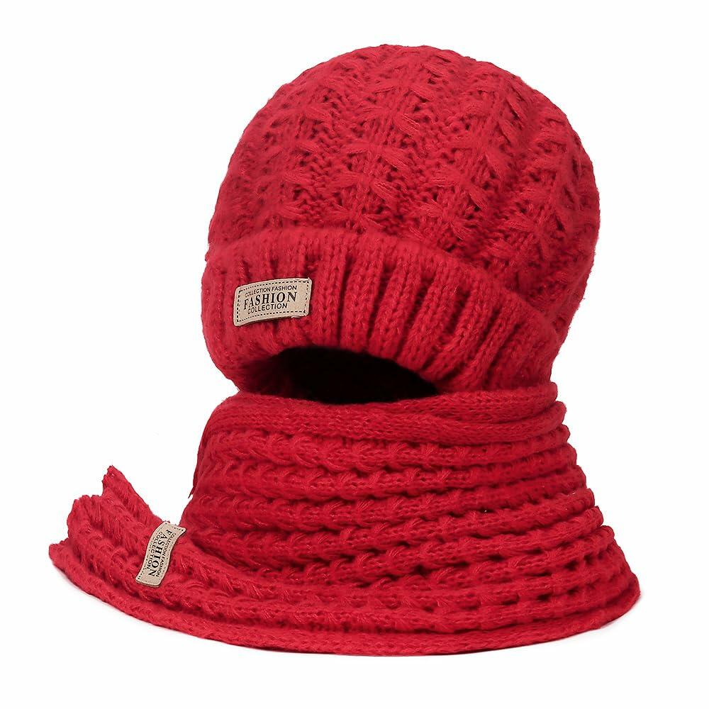 Wander Agio Women's Wool Knit Beanie & Scarf Set Thick Warm Red 6pc