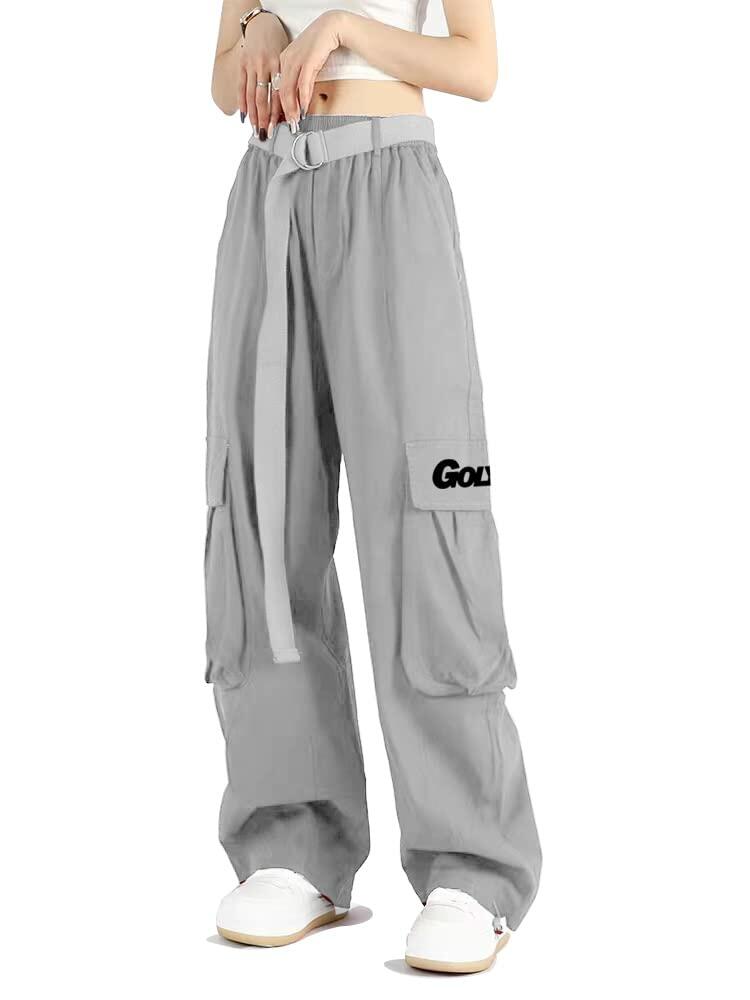 GOLYOY Women's Cargo Pants Grey Adjustable High Waist Baggy Wide Leg Size L