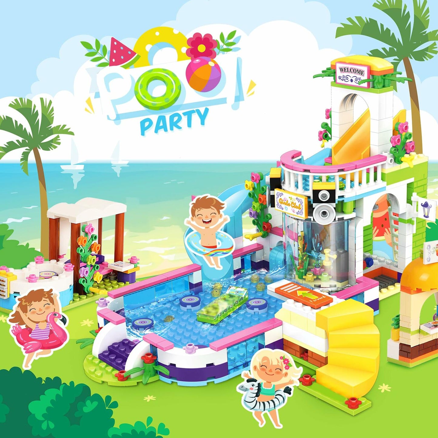 1274pcs Friends Tree House Summer Pool Party Building Kit with Storage Box