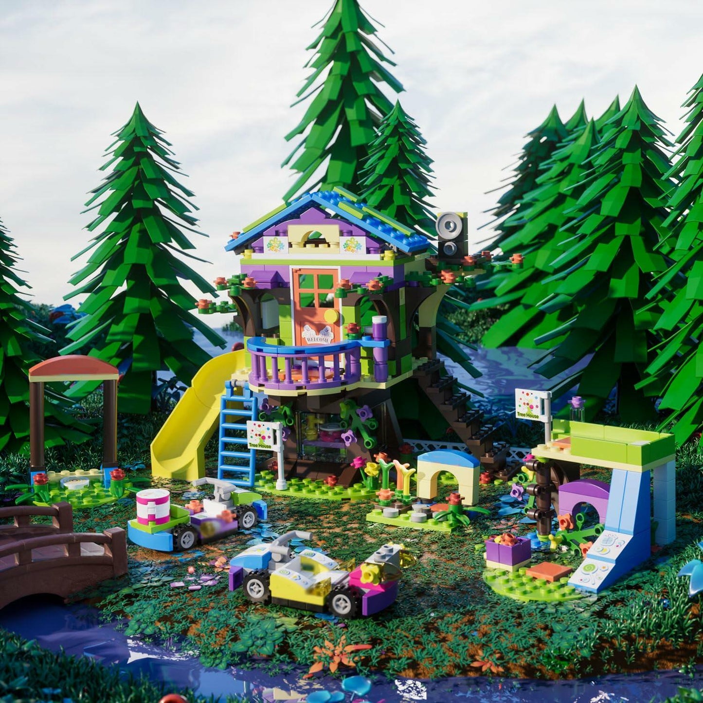1274pcs Friends Tree House Summer Pool Party Building Kit with Storage Box