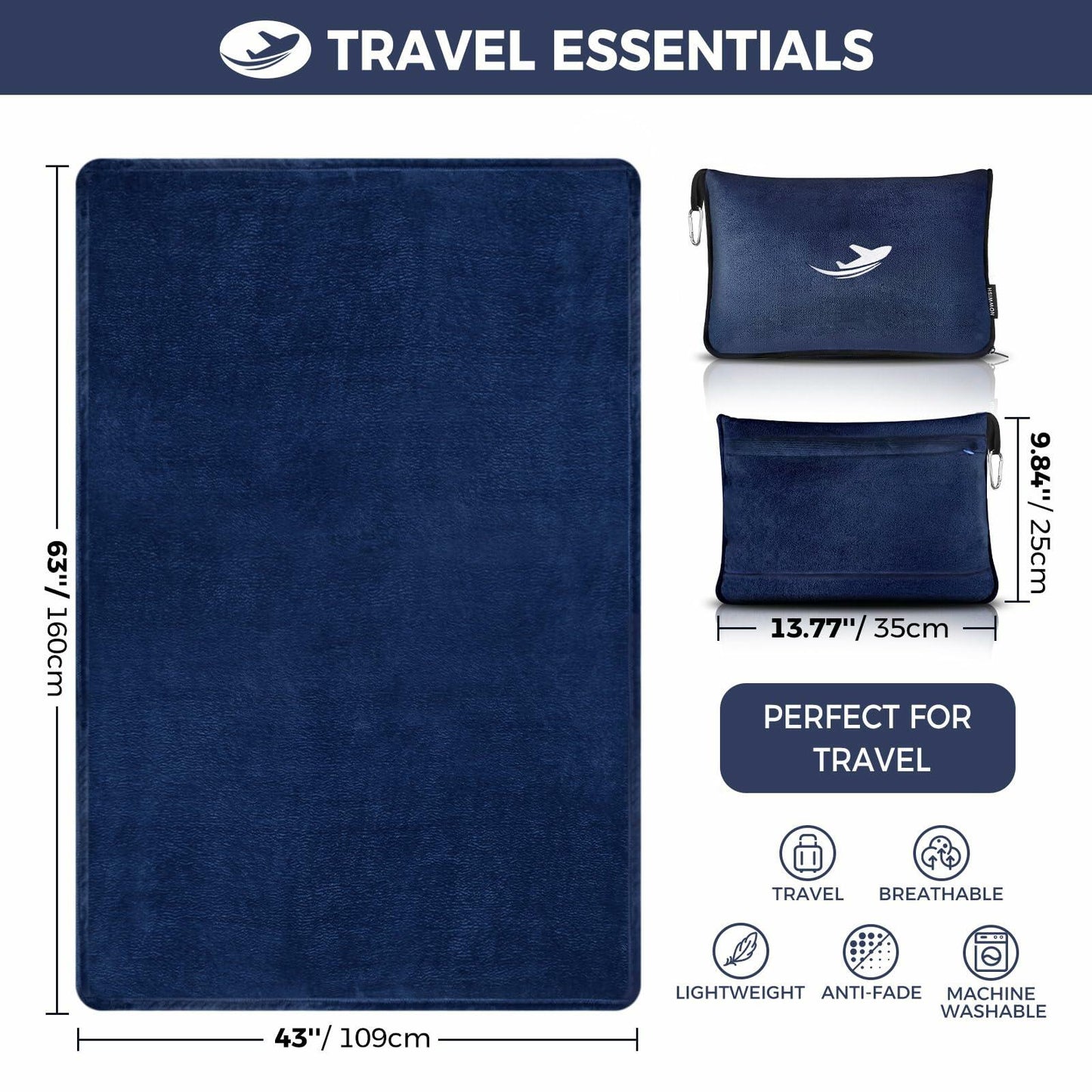 NOWWISH Travel Blanket 2-in-1 Pillow Compact Soft with Bag Premium Soft