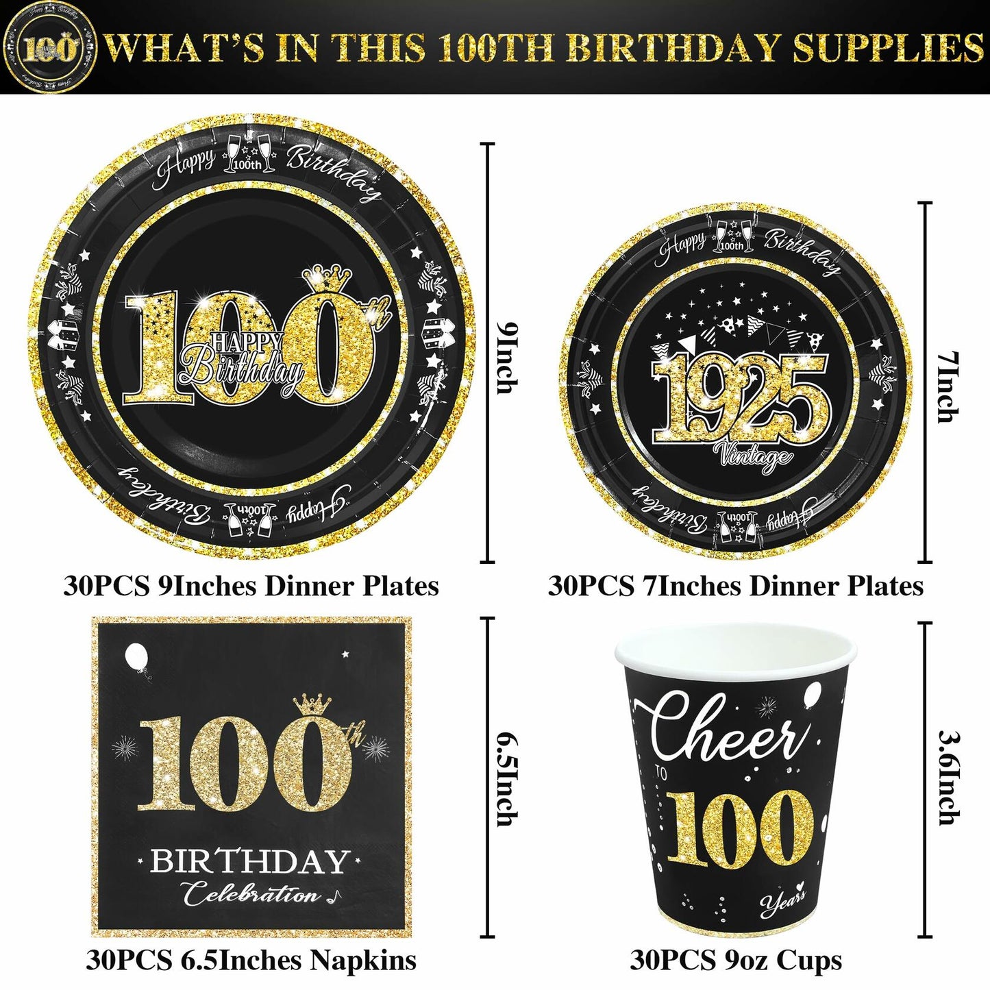 algpty 100th Birthday Party Supplies Black Gold Vintage 1925 Service for 30