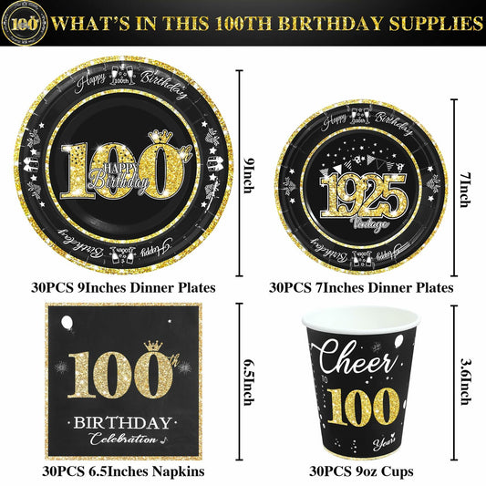 algpty 100th Birthday Party Supplies Black Gold Vintage 1925 Service for 30