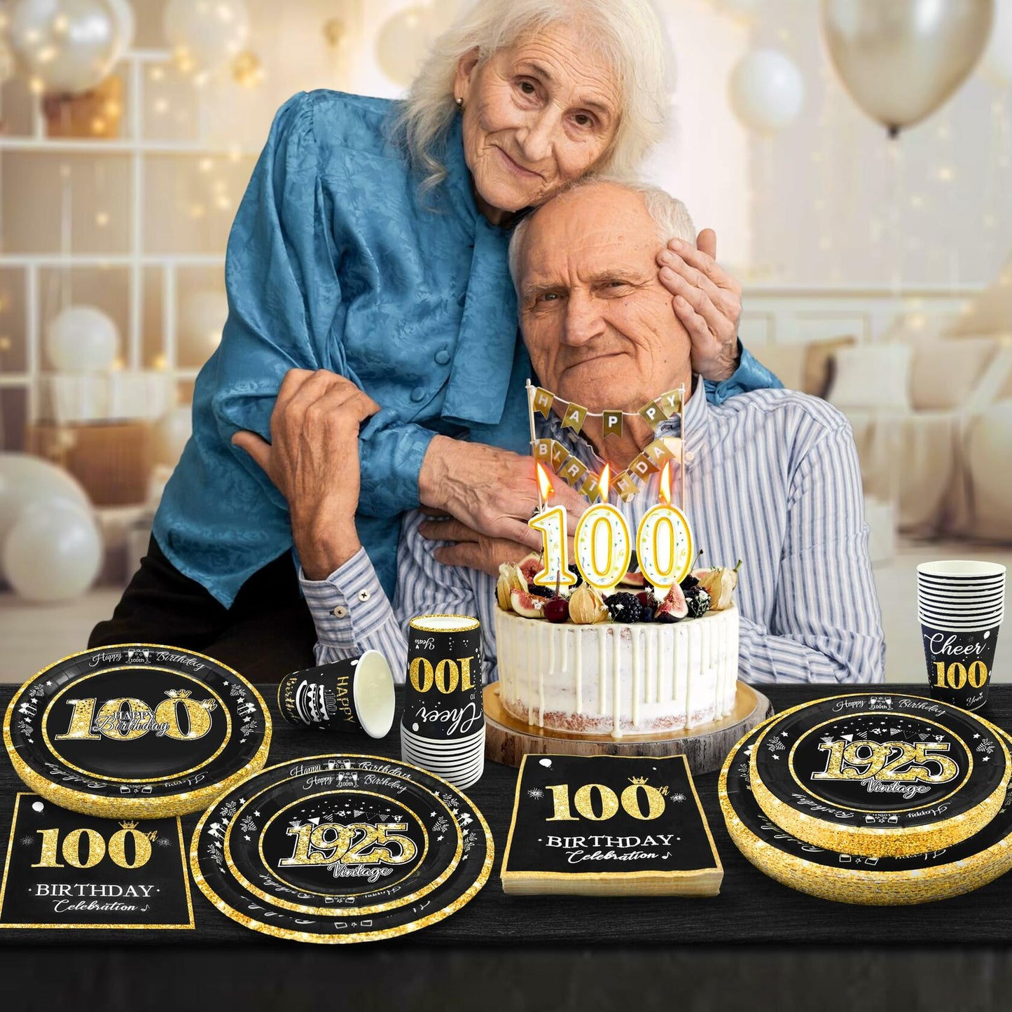 algpty 100th Birthday Party Supplies Black Gold Vintage 1925 Service for 30