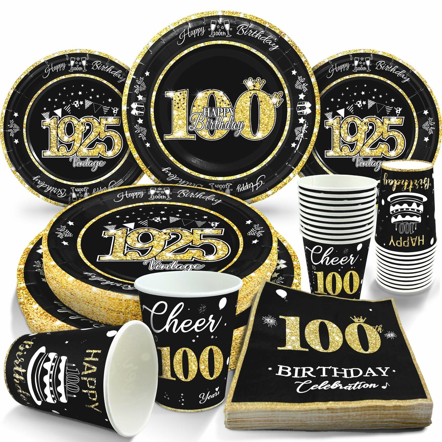 algpty 100th Birthday Party Supplies Black Gold Vintage 1925 Service for 30