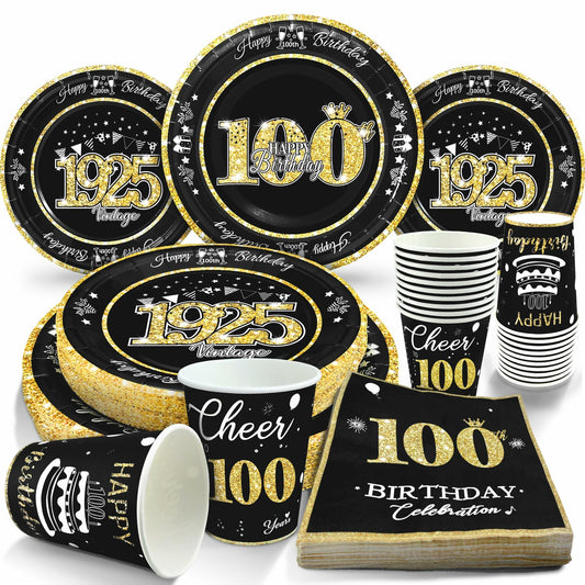 algpty 100th Birthday Party Supplies Black Gold Vintage 1925 Service for 30