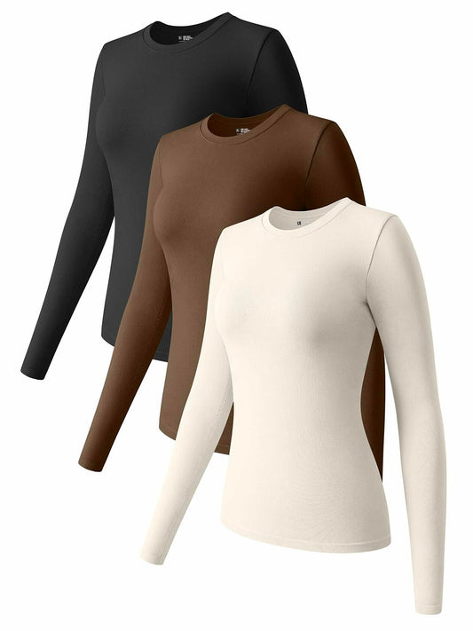 OQQ Womens 3PC Long Sleeve Crew Neck Stretch Tops Black Coffee Beige - Size S