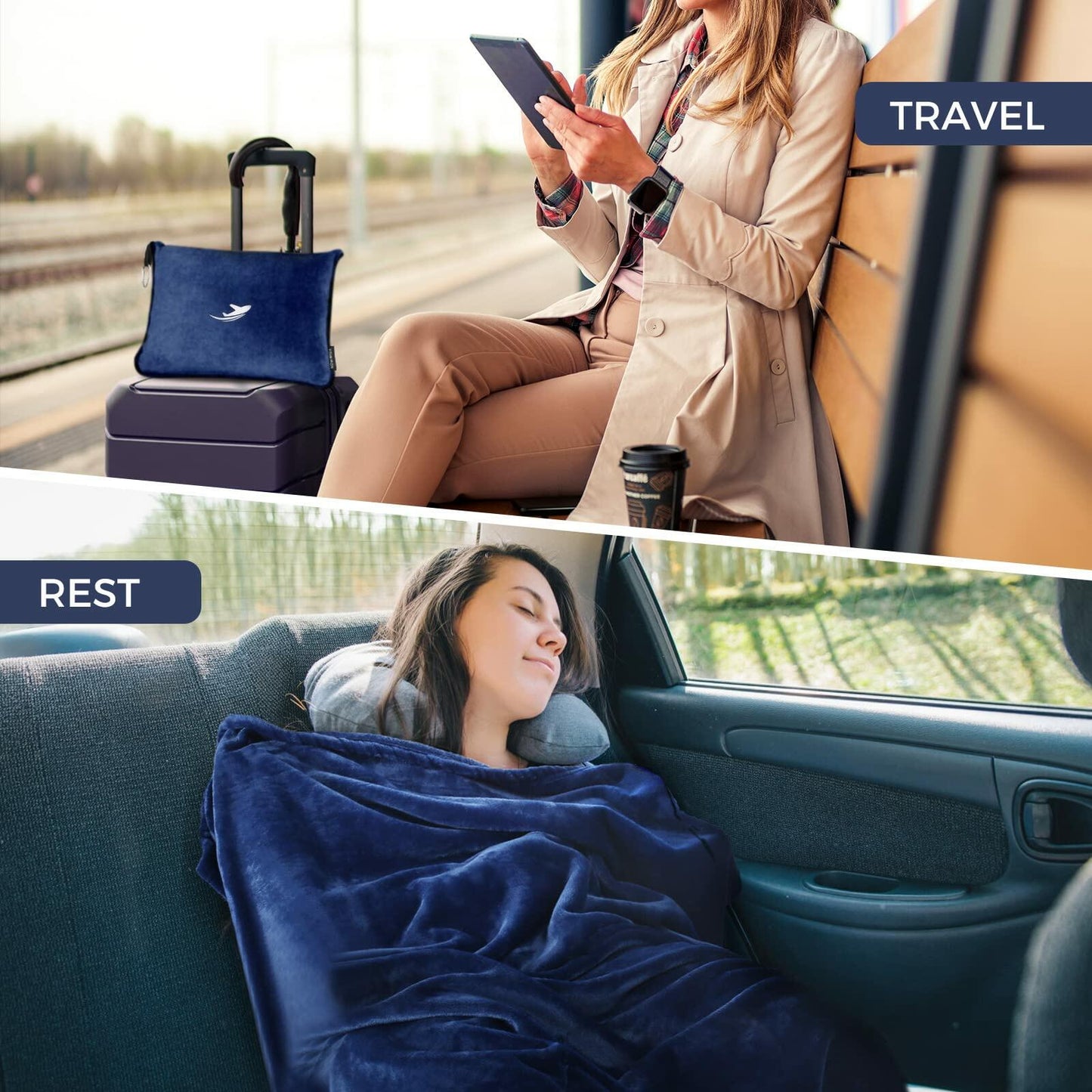NOWWISH Travel Blanket 2-in-1 Pillow Compact Soft with Bag Premium Soft
