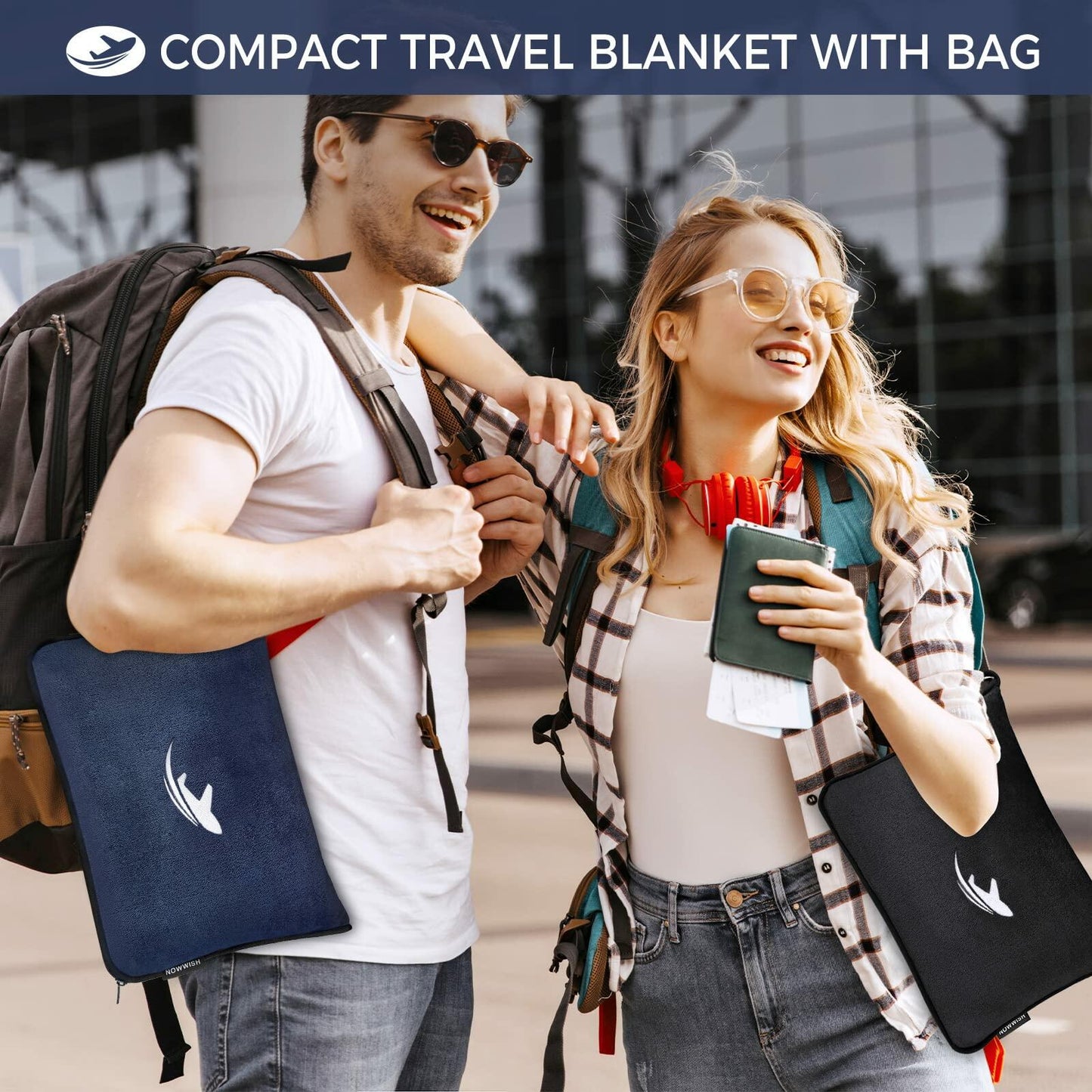 NOWWISH Travel Blanket 2-in-1 Pillow Compact Soft with Bag Premium Soft