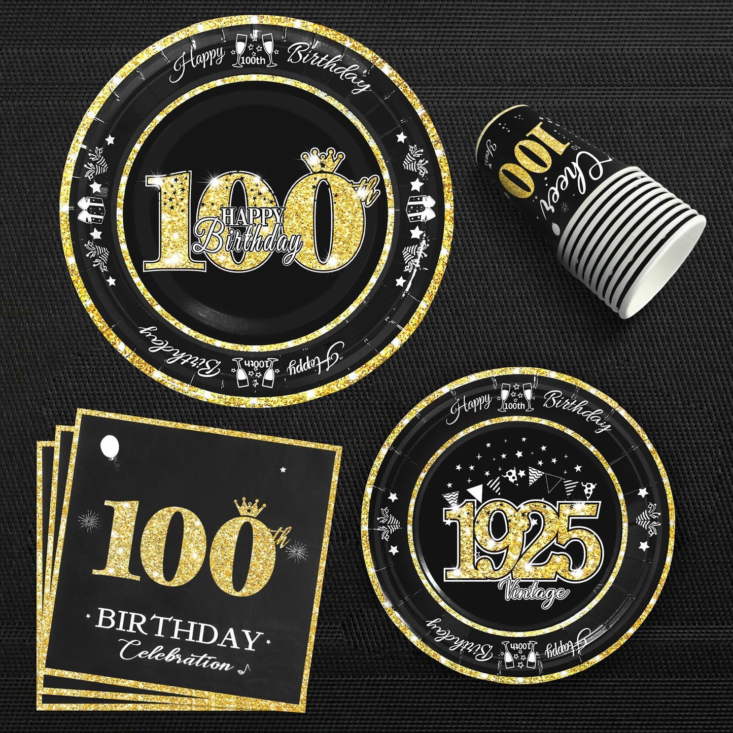algpty 100th Birthday Party Supplies Black Gold Vintage 1925 Service for 30
