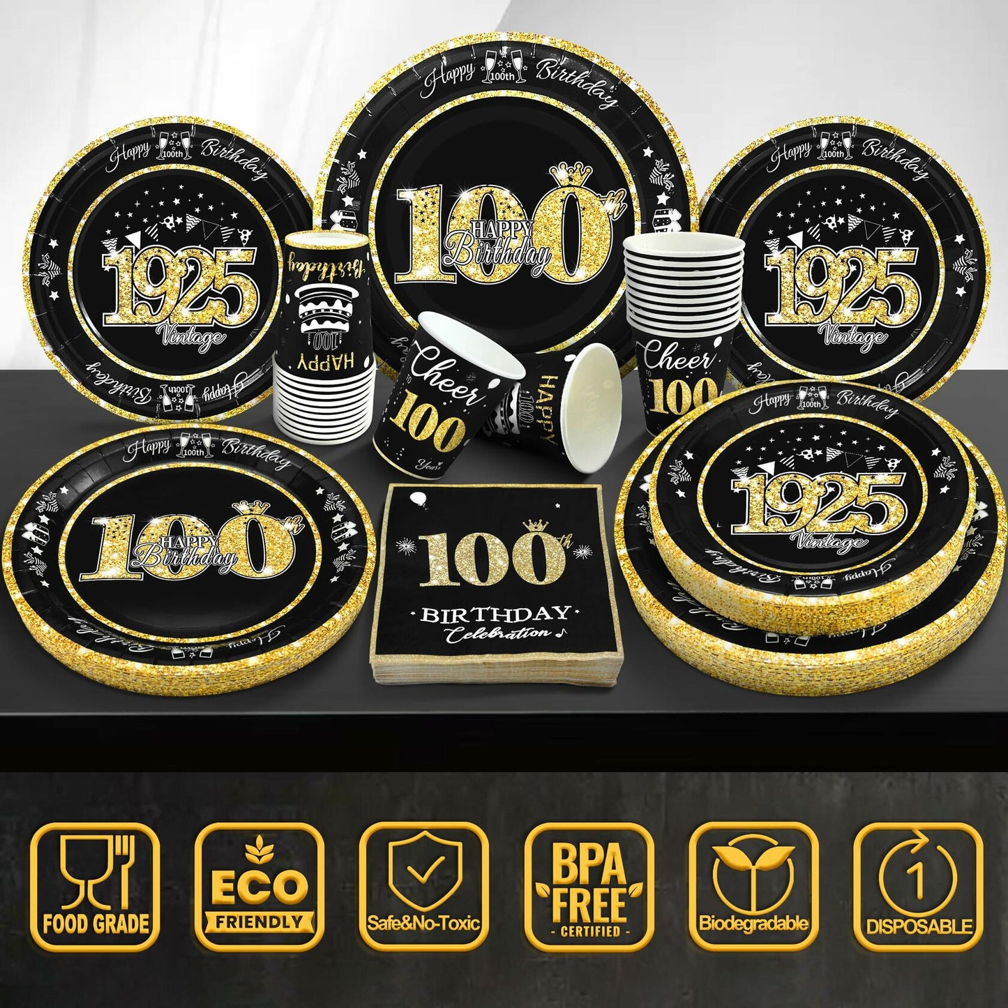algpty 100th Birthday Party Supplies Black Gold Vintage 1925 Service for 30