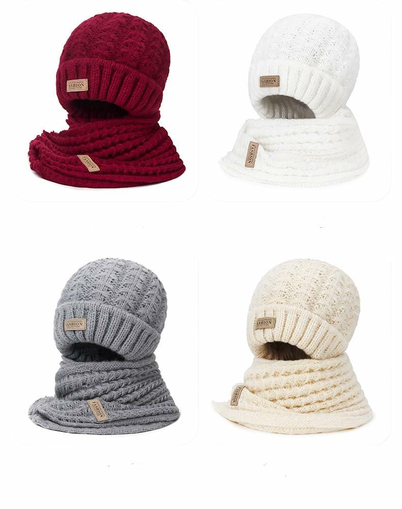 Wander Agio Women's Wool Knit Beanie & Scarf Set Thick Warm Red 6pc