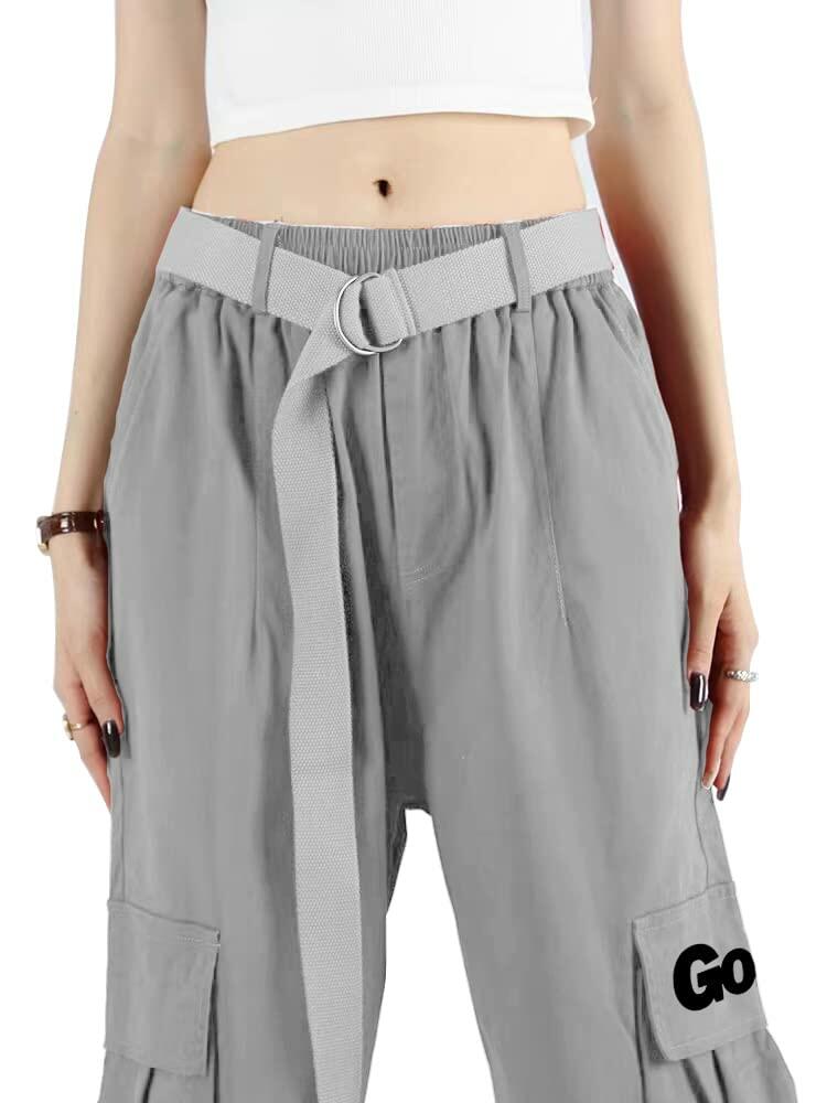 GOLYOY Women's Cargo Pants Grey Adjustable High Waist Baggy Wide Leg Size L