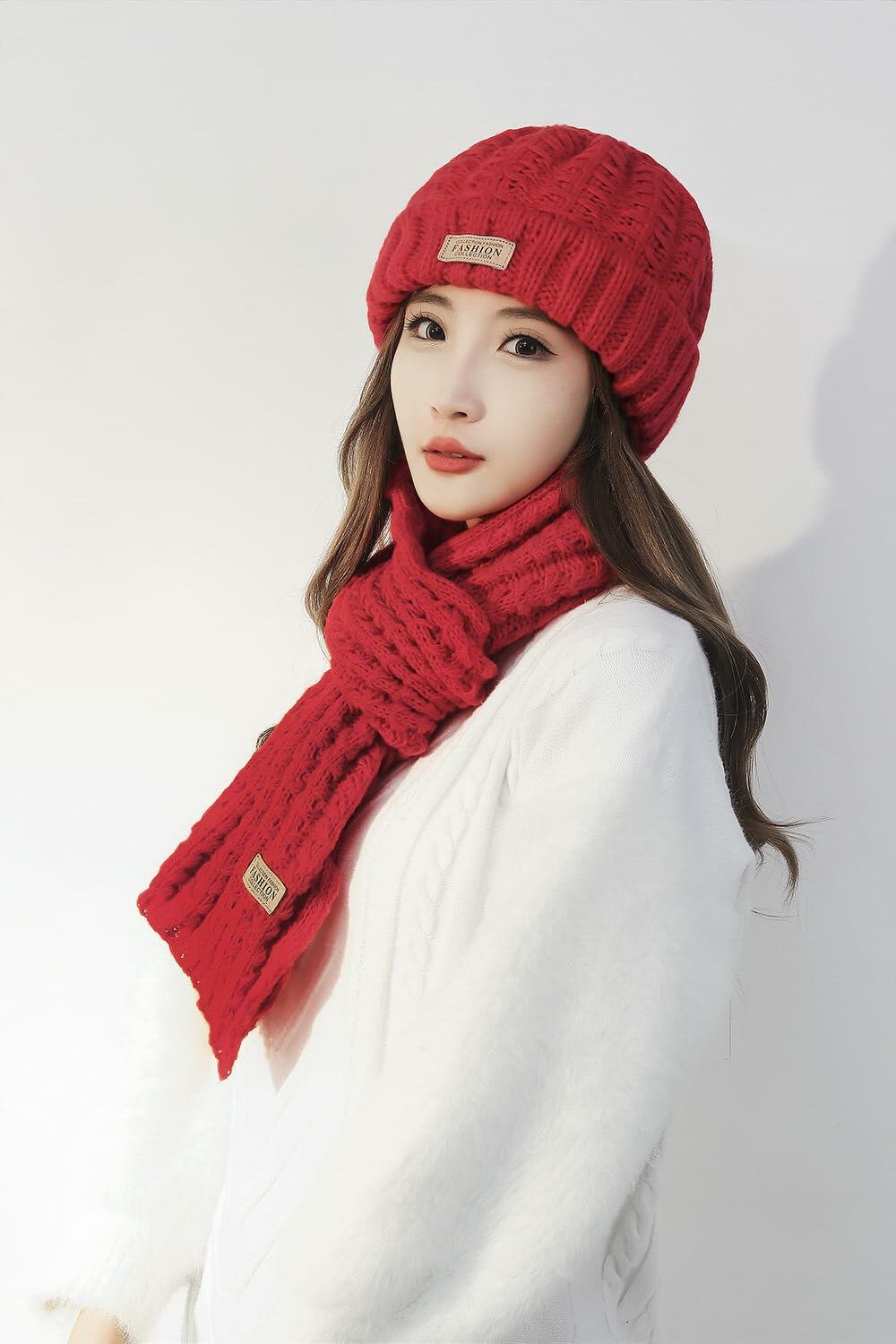 Wander Agio Women's Wool Knit Beanie & Scarf Set Thick Warm Red 6pc