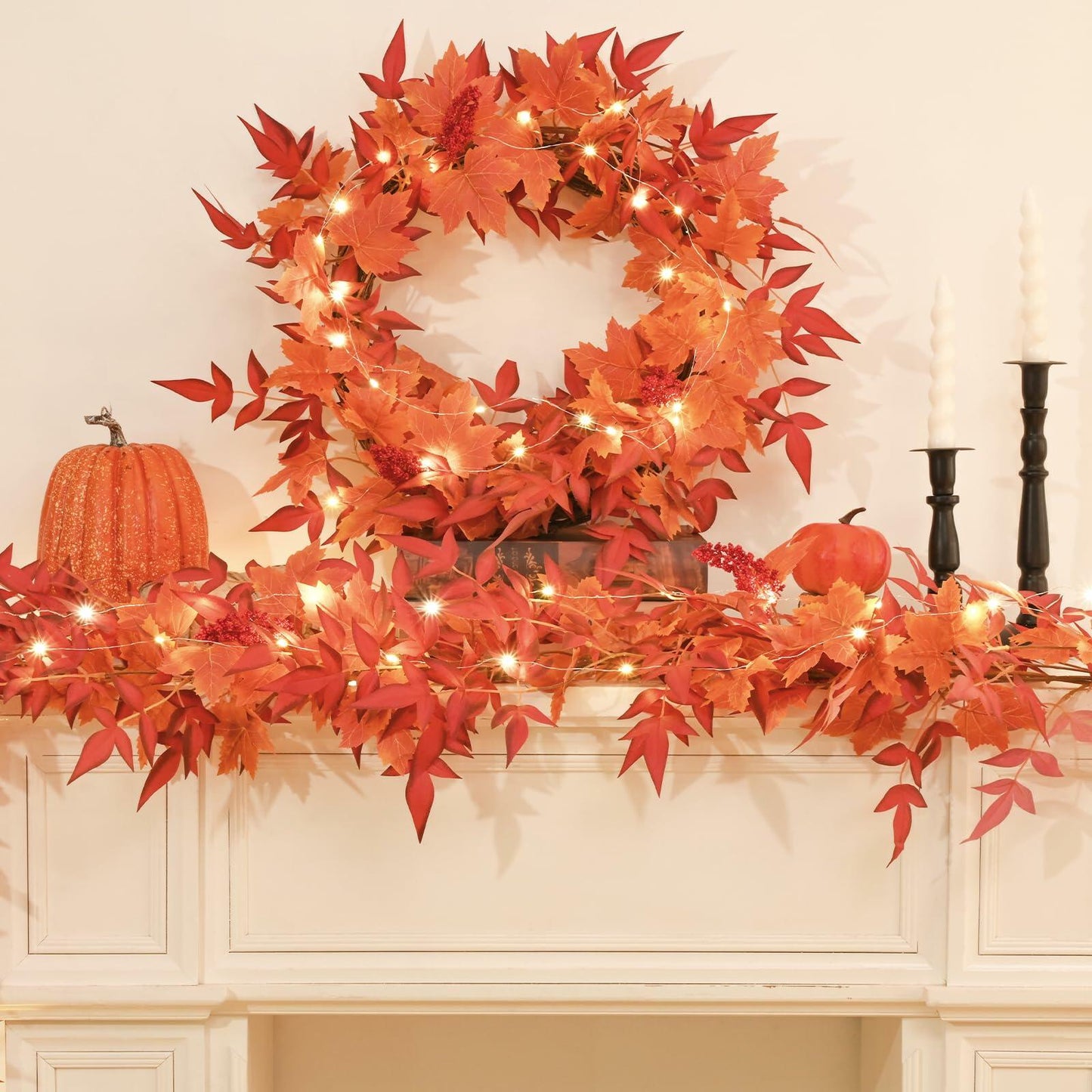 Dolicer 11FT Fall Maple Garland with Lights Eucalyptus Berries Indoor Outdoor
