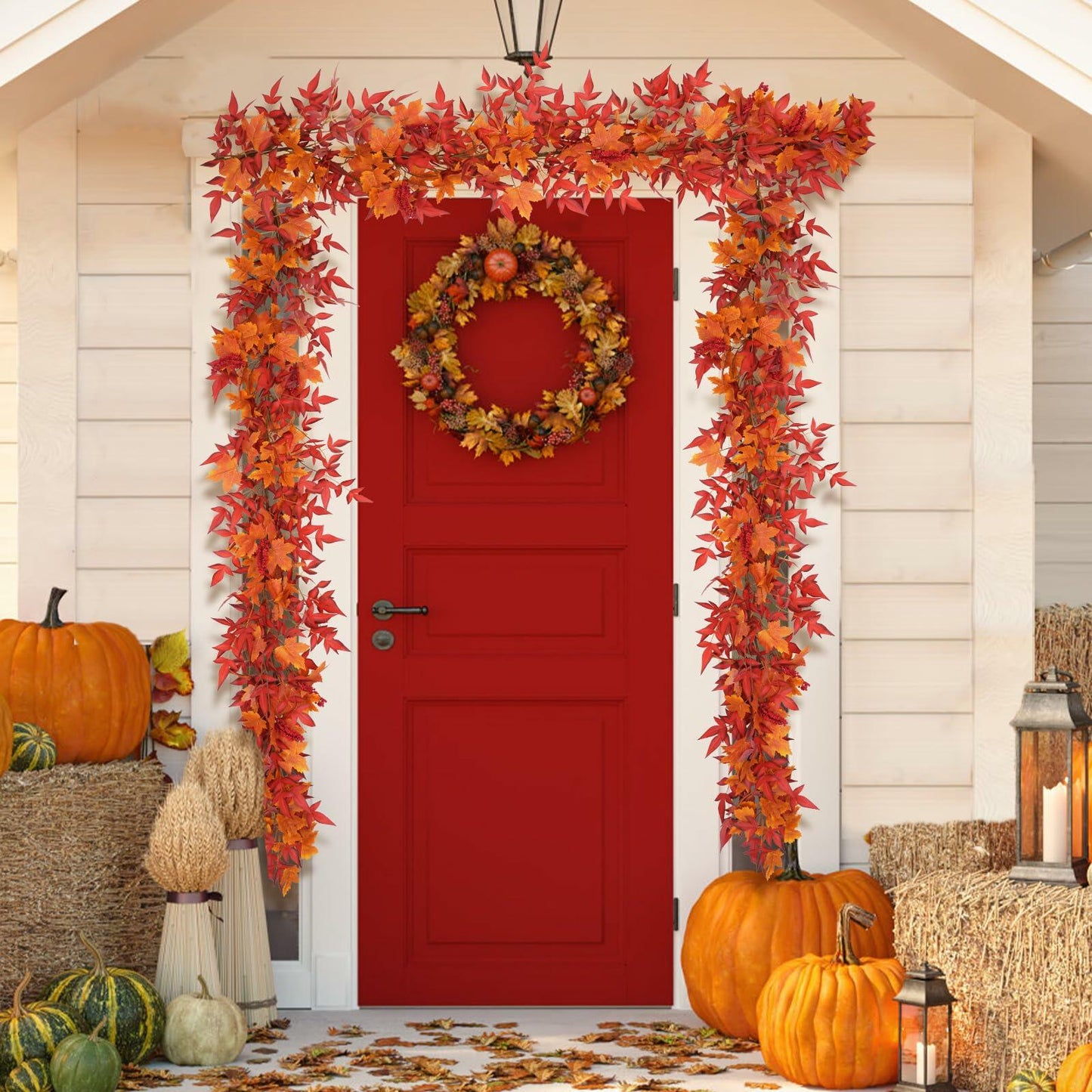 Dolicer 11FT Fall Maple Garland with Lights Eucalyptus Berries Indoor Outdoor