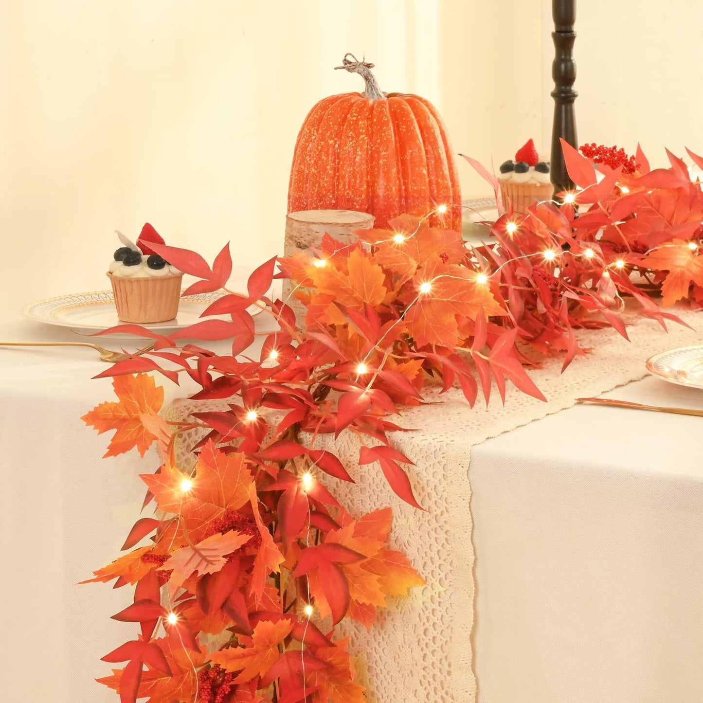 Dolicer 11FT Fall Maple Garland with Lights Eucalyptus Berries Indoor Outdoor