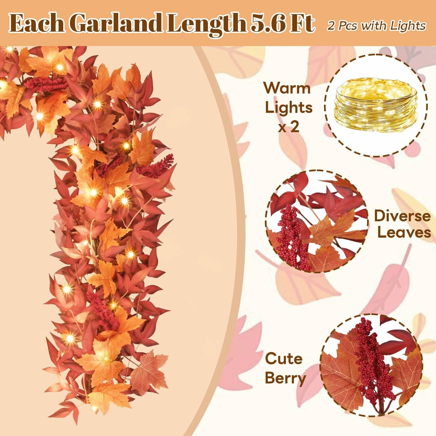 Dolicer 11FT Fall Maple Garland with Lights Eucalyptus Berries Indoor Outdoor
