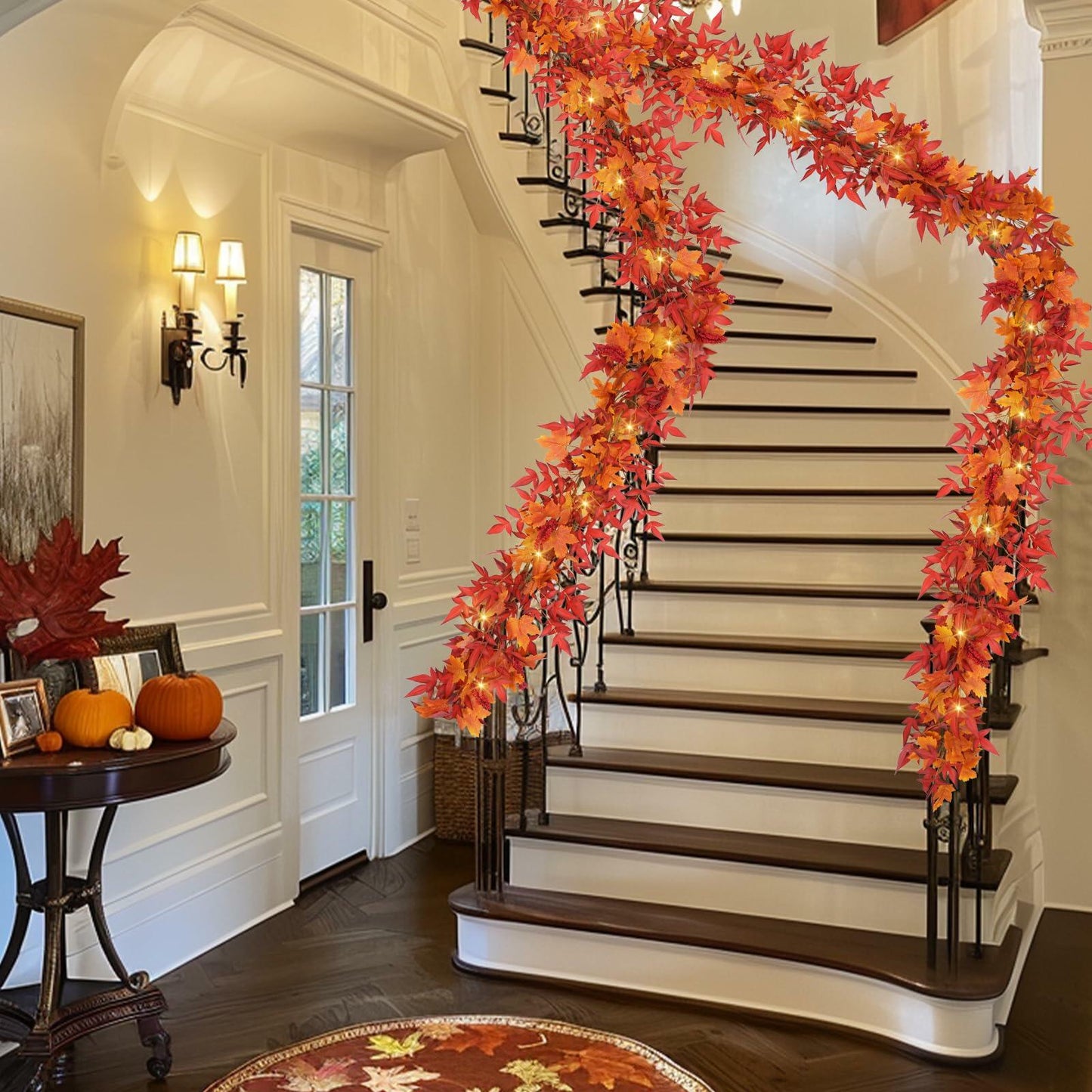 Dolicer 11FT Fall Maple Garland with Lights Eucalyptus Berries Indoor Outdoor
