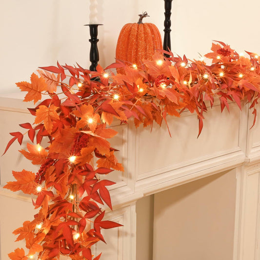 Dolicer 11FT Fall Maple Garland with Lights Eucalyptus Berries Indoor Outdoor
