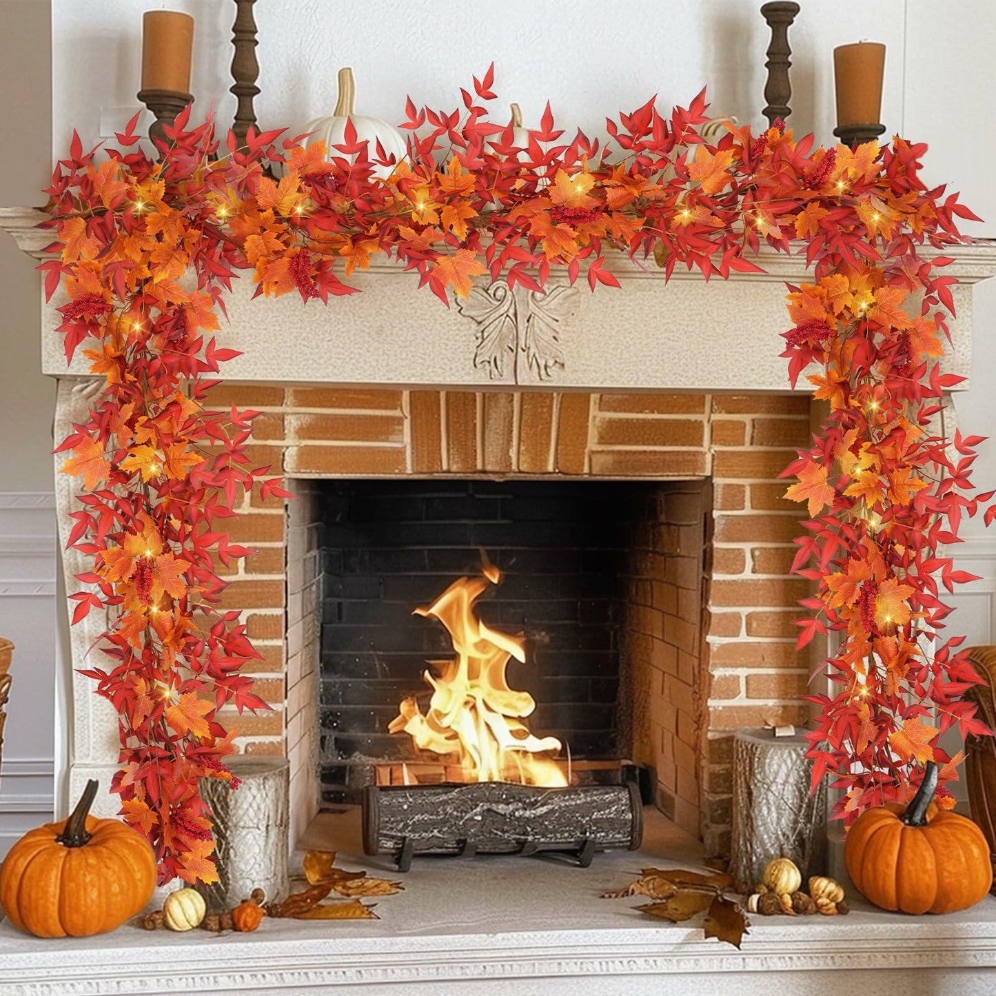 Dolicer 11FT Fall Maple Garland with Lights Eucalyptus Berries Indoor Outdoor