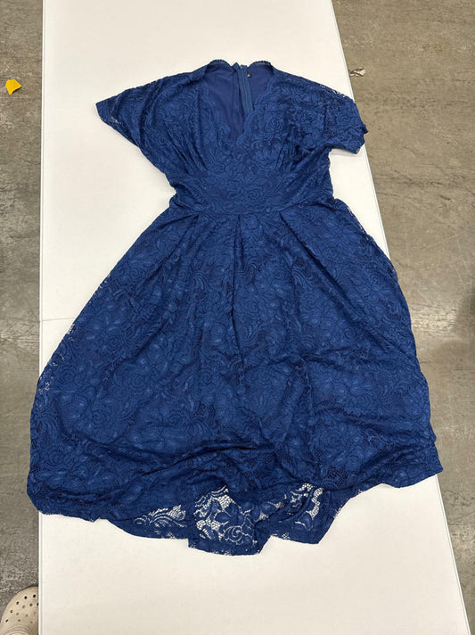 SEBOWEL Women Floral Lace V Neck Short Sleeve Midi Dress Navy Blue Size XL