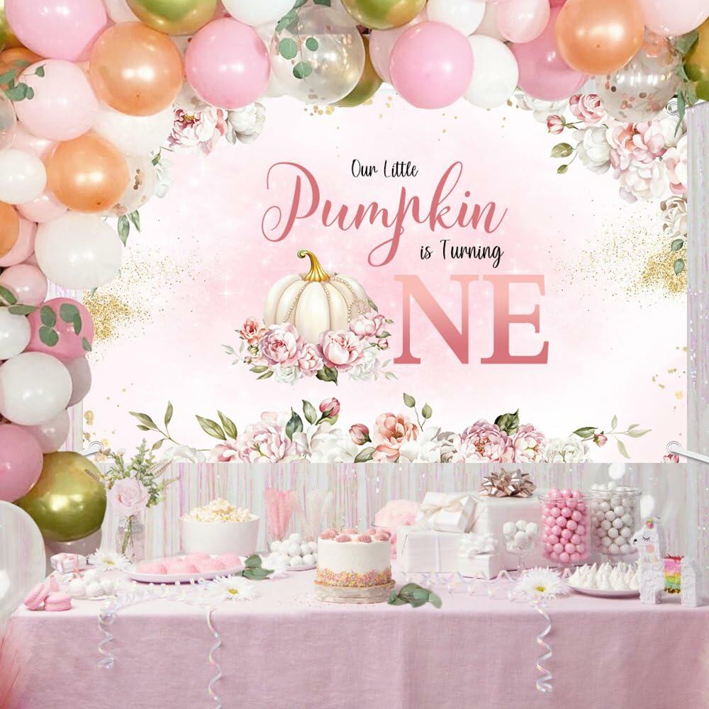 MEHOFOND Fall Pumpkin 1st Birthday Backdrop Banner Pastel Pink 70.8x43.3in