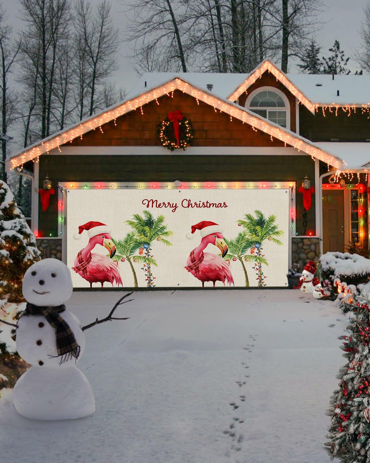 Garage Door Banner Merry Christmas Outdoor Decor Linen Texture 7x8 Ft