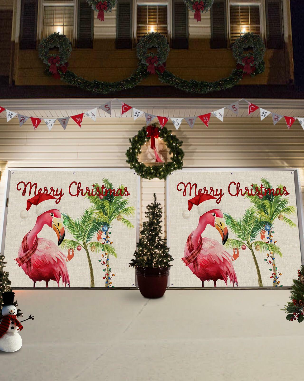 Garage Door Banner Merry Christmas Outdoor Decor Linen Texture 7x8 Ft