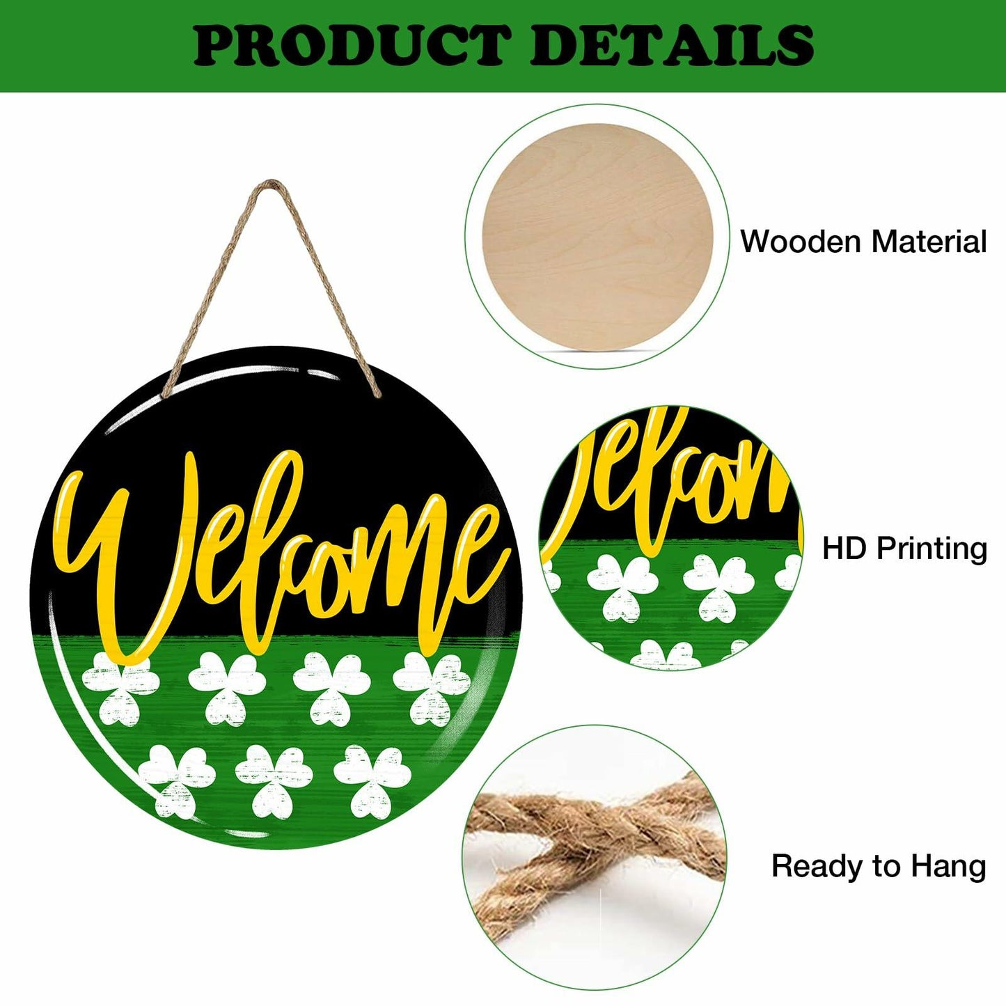 Bolisom St. Patrick's Day Shamrock Wood Door Sign Outdoor Porch Decor