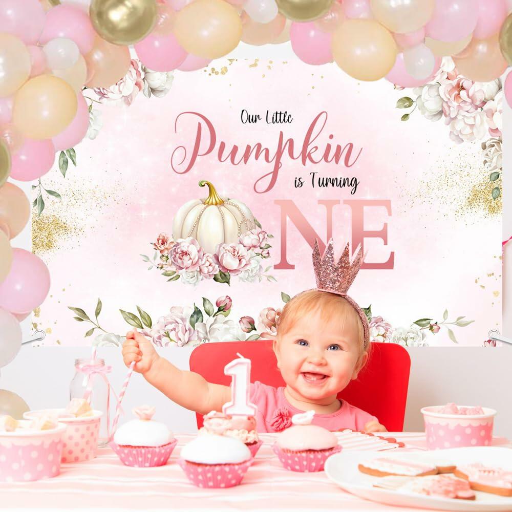 MEHOFOND Fall Pumpkin 1st Birthday Backdrop Banner Pastel Pink 70.8x43.3in