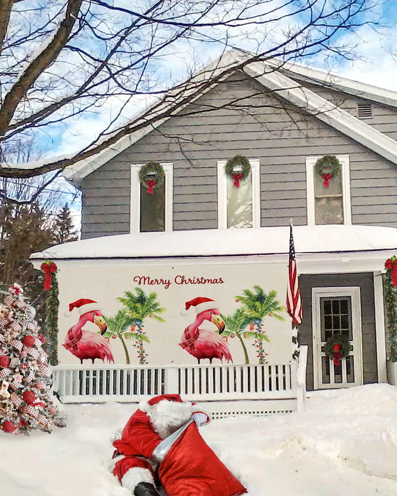 Garage Door Banner Merry Christmas Outdoor Decor Linen Texture 7x8 Ft