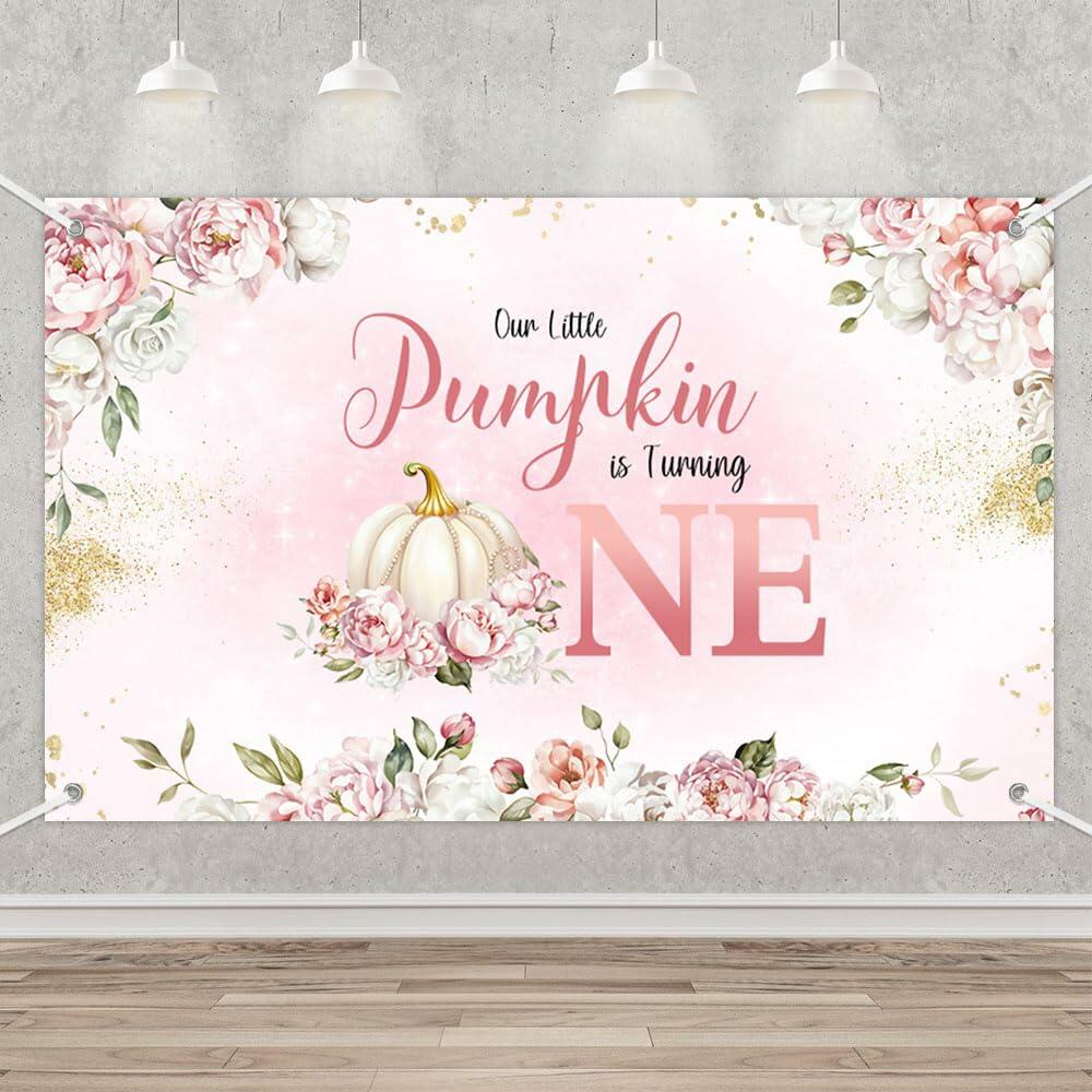 MEHOFOND Fall Pumpkin 1st Birthday Backdrop Banner Pastel Pink 70.8x43.3in