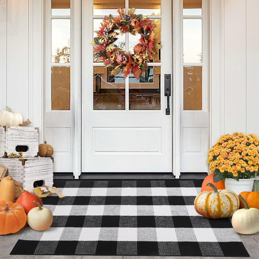Acerich Fall Door Mat 27.5x43in Black White Buffalo Plaid Washable Outdoor
