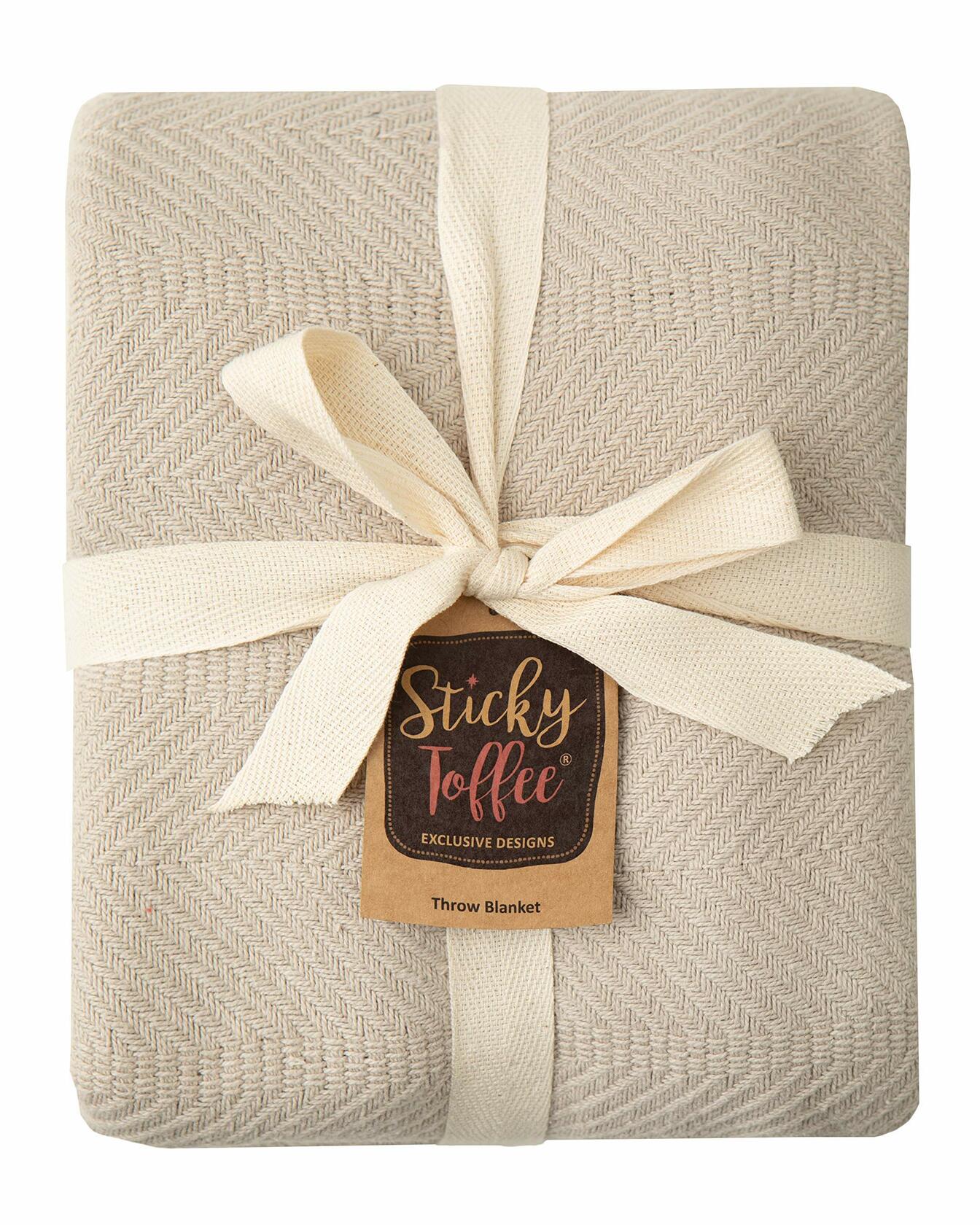 Sticky Toffee Cotton Throw Blanket 60x50 Tan Beige Herringbone