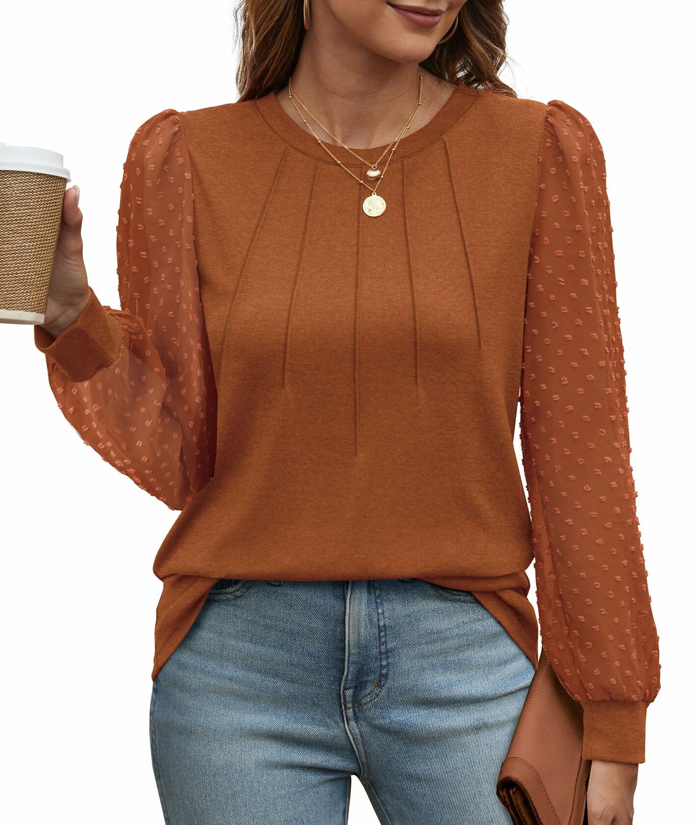 OFEEFAN Womens Puff Sleeve Top Caramel Long Sleeve Size S