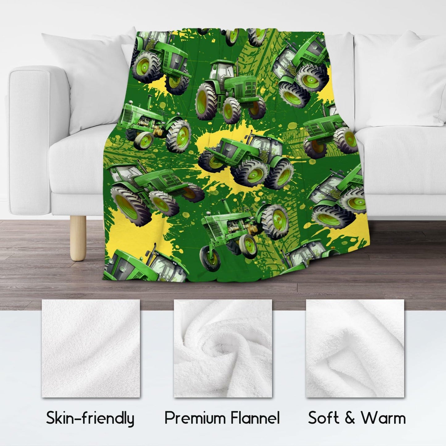 FUZZYFIT Kids Tractor Blanket 40x50 Green Plush Throw Cozy Warm