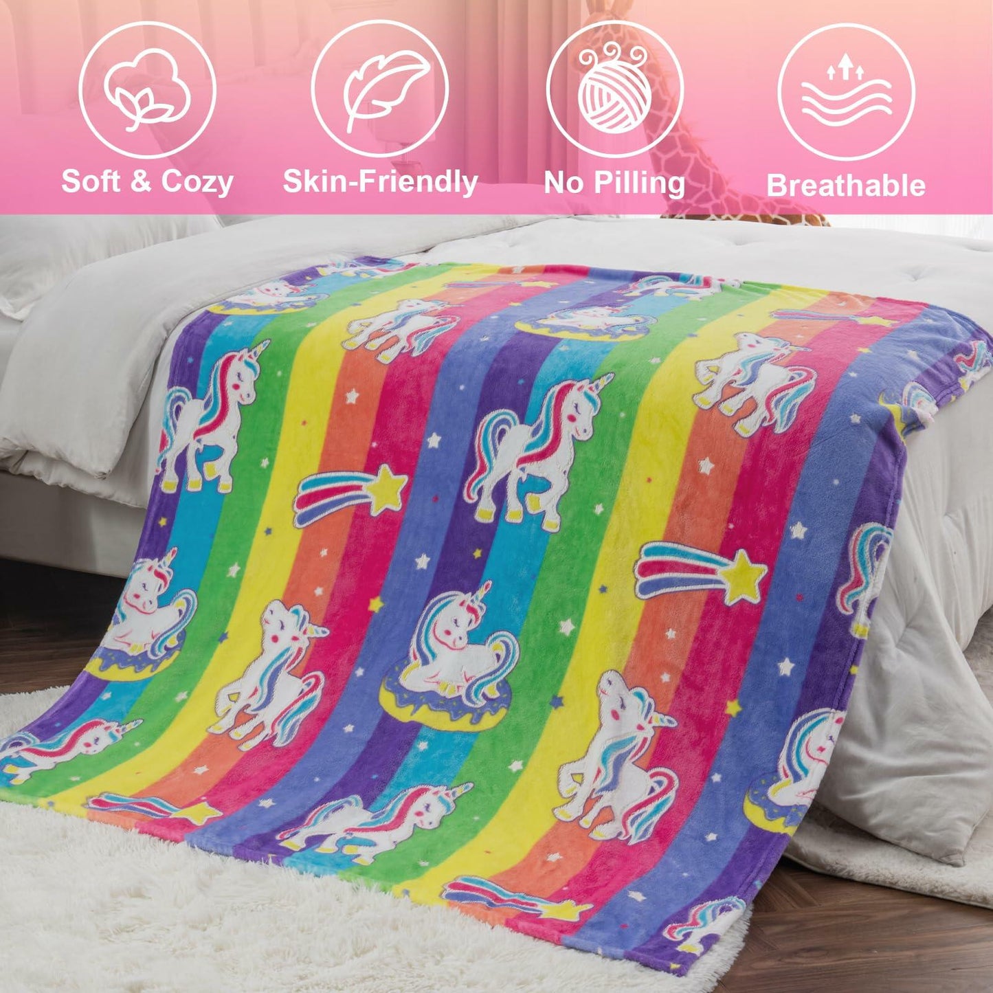 Unicorn Gifts Glow in The Dark Rainbow Blanket Soft Cozy Throw 50x60